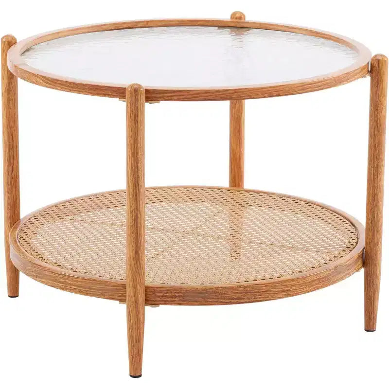 Table basse en rotin de 65 cm, Table basse ronde en verre pour salon, Ambiance naturelle