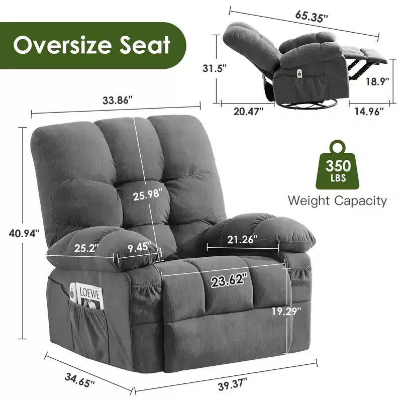 Fauteuil inclinable avec massage vibrant et chauffage lombaire pour adultes, fauteuil inclinable à bascule surdimensionné 350 LBS, canapé simple