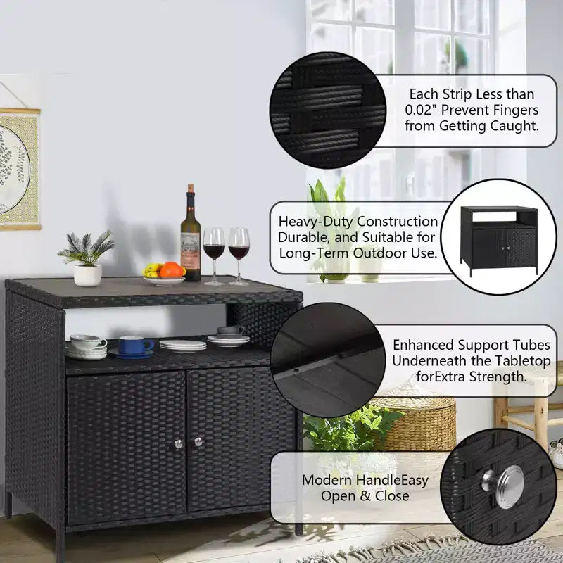 Meuble de rangement en osier, table de rangement d'extérieur en résine tout temps avec portes magnétiques et grand plateau, parfait pour la terrasse, le jardin, la cuisine.