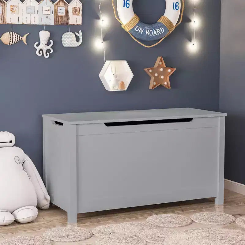 Boîte de rangement à jouets en bois de style moderne pour enfants, avec couvercle à charnière de sécurité, convient aux enfants de 2 ans et plus (Gris)