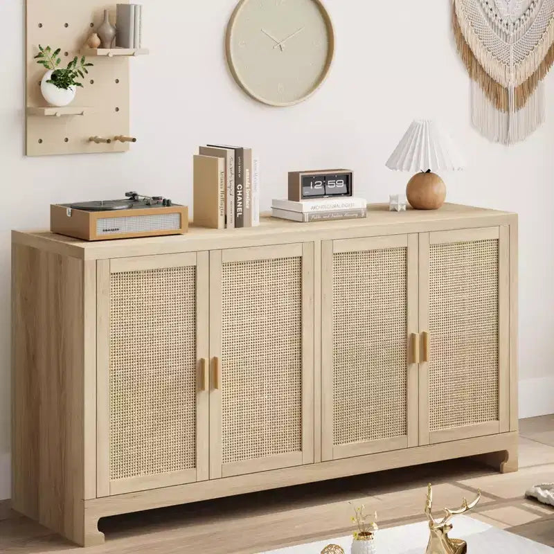 Buffet en rotin, console de rangement style ferme avec étagères réglables pour salle à manger et salon