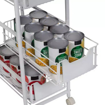 Chariot de rangement à 4 niveaux avec paniers coulissants : Chariot de cuisine noir, acier thermolaqué, roues verrouillables