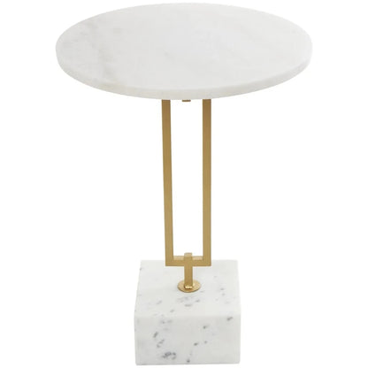 Table d'appoint géométrique en marbre avec support rectangulaire en métal doré - Blanc