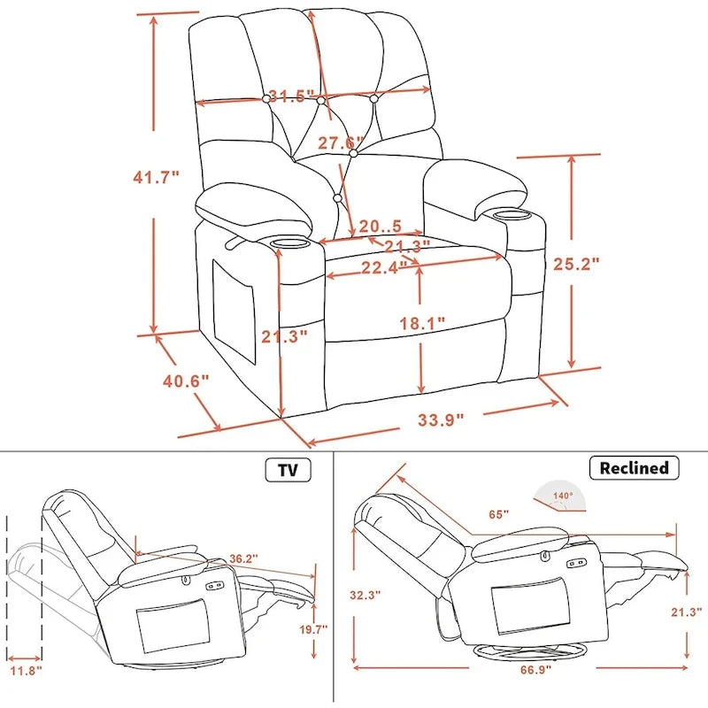 Fauteuil inclinable, pivotant et coulissant électrique avec porte-gobelets et ports USB, en tissu, une place