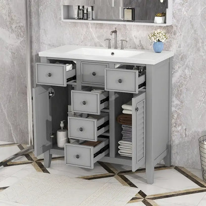 Meuble-lavabo avec vasque en céramique, deux placards et cinq tiroirs