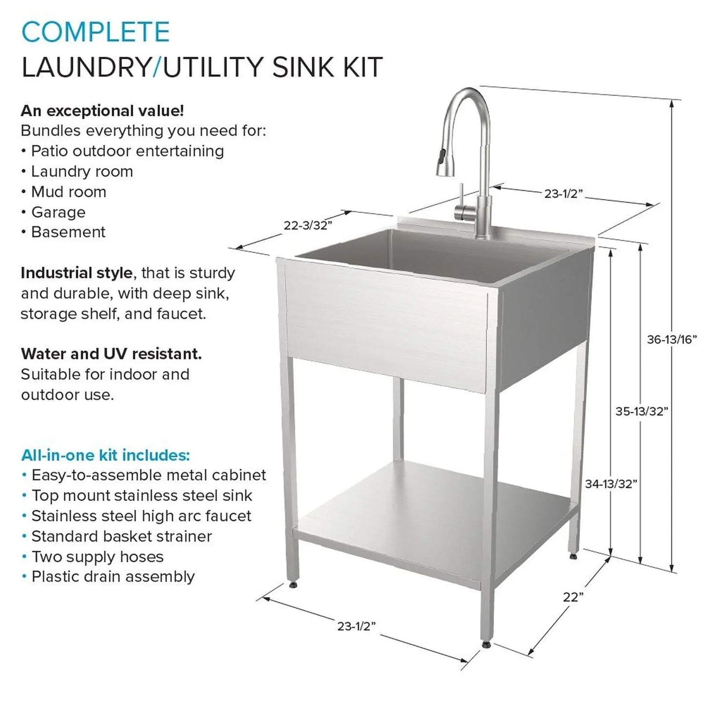 Évier de buanderie et support de lavage en acier inoxydable de 24 po L x 22 po P x 35 po H