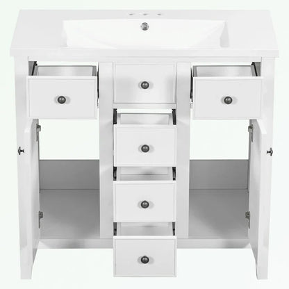 Meuble-lavabo avec vasque en céramique, deux placards et cinq tiroirs