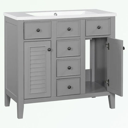 Meuble-lavabo avec vasque en céramique, deux placards et cinq tiroirs
