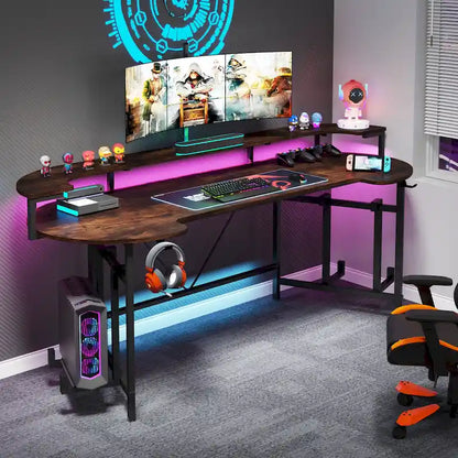 Bureau de gaming avec étagère pour moniteur, bureau d'ordinateur de 75 pouces avec bande LED