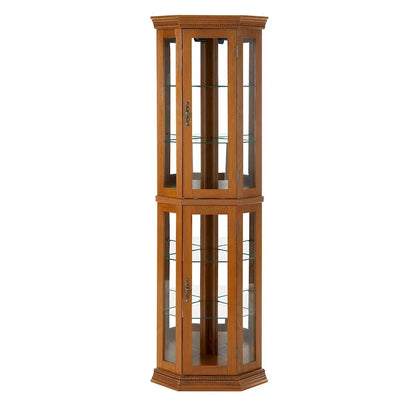 Vitrine d'angle avec éclairage, étagères réglables en verre trempé, fond miroir, meuble vitrine