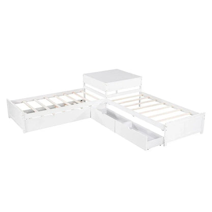 Lit plateforme en L moderne blanc de taille double avec lit gigogne et tiroirs pour chambre à coucher
