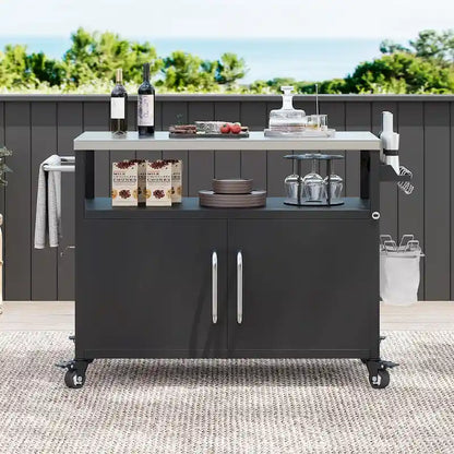 Ilot de cuisine extérieur avec plateau en acier inoxydable, table de chariot de barbecue en métal avec armoire de rangement - S.O.