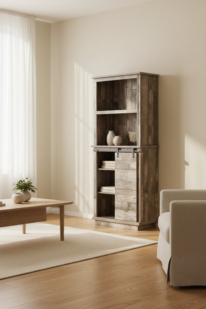 Freestanding Rustic Kitchen Buffet with Hutch, Pantry Storage Cabinet with Sliding Barn Door, Adjustable Shelf, Vintage Wood