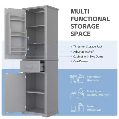 Meuble de Rangement Haut pour Salle de Bain, Meuble de Rangement Autonome avec Deux Portes de Tailles Différentes et Étagère Réglable