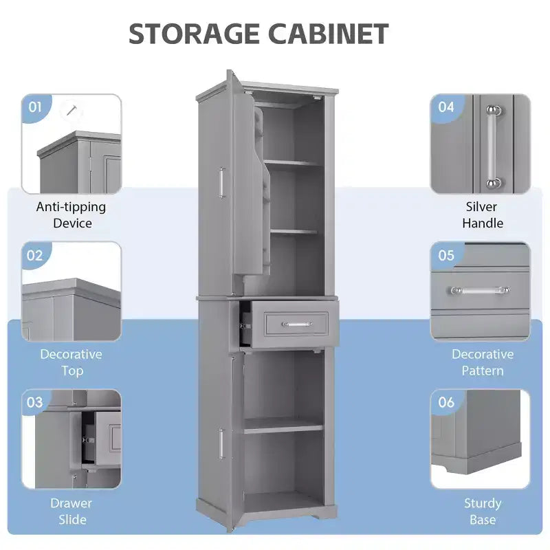 Meuble de Rangement Haut pour Salle de Bain, Meuble de Rangement Autonome avec Deux Portes de Tailles Différentes et Étagère Réglable