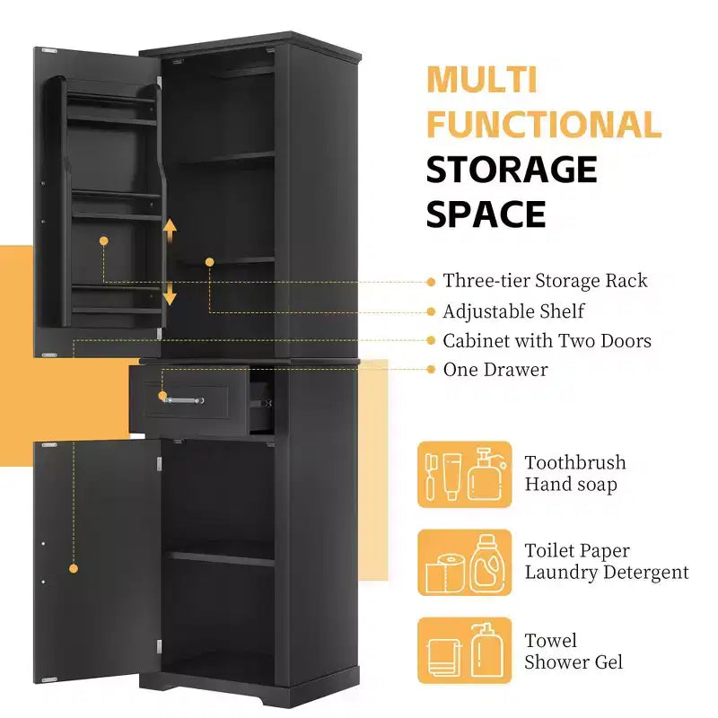 Meuble de Rangement Haut pour Salle de Bain, Meuble de Rangement Autonome avec Deux Portes de Tailles Différentes et Étagère Réglable