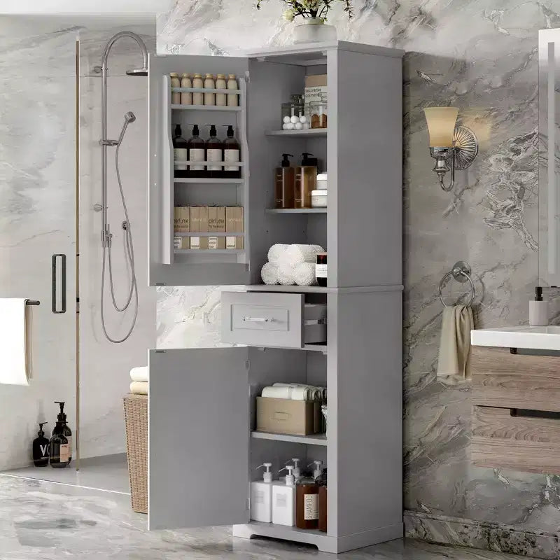 Meuble de Rangement Haut pour Salle de Bain, Meuble de Rangement Autonome avec Deux Portes de Tailles Différentes et Étagère Réglable