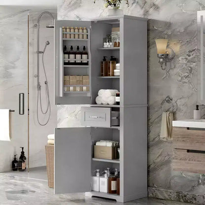 Meuble de Rangement Haut pour Salle de Bain, Meuble de Rangement Autonome avec Deux Portes de Tailles Différentes et Étagère Réglable