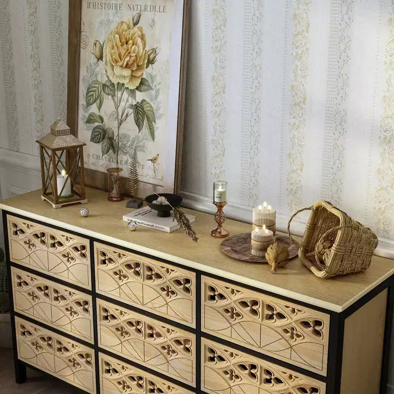 Commode à 9 tiroirs, coiffeuse avec relief creux, buffet polyvalent, armoire de cuisine, meuble d'art pour chambre/salle à manger/salon