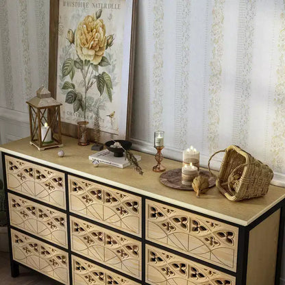 Commode à 9 tiroirs, coiffeuse avec relief creux, buffet polyvalent, armoire de cuisine, meuble d'art pour chambre/salle à manger/salon