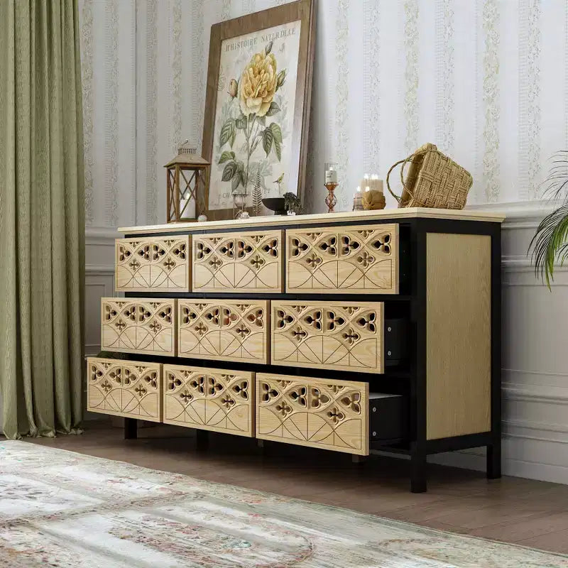 Commode à 9 tiroirs, coiffeuse avec relief creux, buffet polyvalent, armoire de cuisine, meuble d'art pour chambre/salle à manger/salon