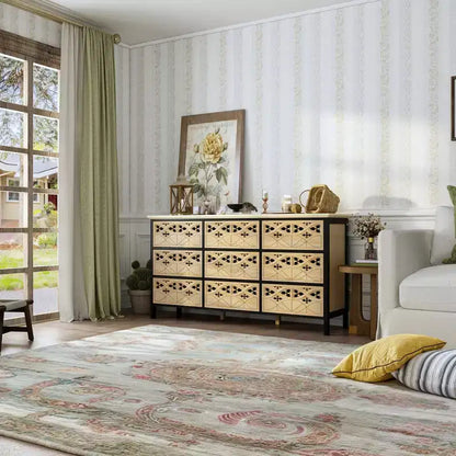 Commode à 9 tiroirs, coiffeuse avec relief creux, buffet polyvalent, armoire de cuisine, meuble d'art pour chambre/salle à manger/salon