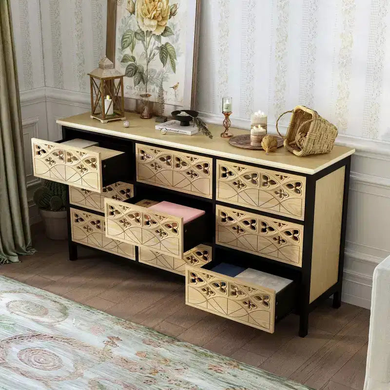 Commode à 9 tiroirs, coiffeuse avec relief creux, buffet polyvalent, armoire de cuisine, meuble d'art pour chambre/salle à manger/salon