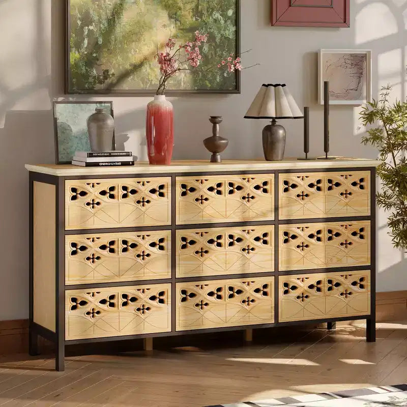 Commode à 9 tiroirs, coiffeuse avec relief creux, buffet polyvalent, armoire de cuisine, meuble d'art pour chambre/salle à manger/salon