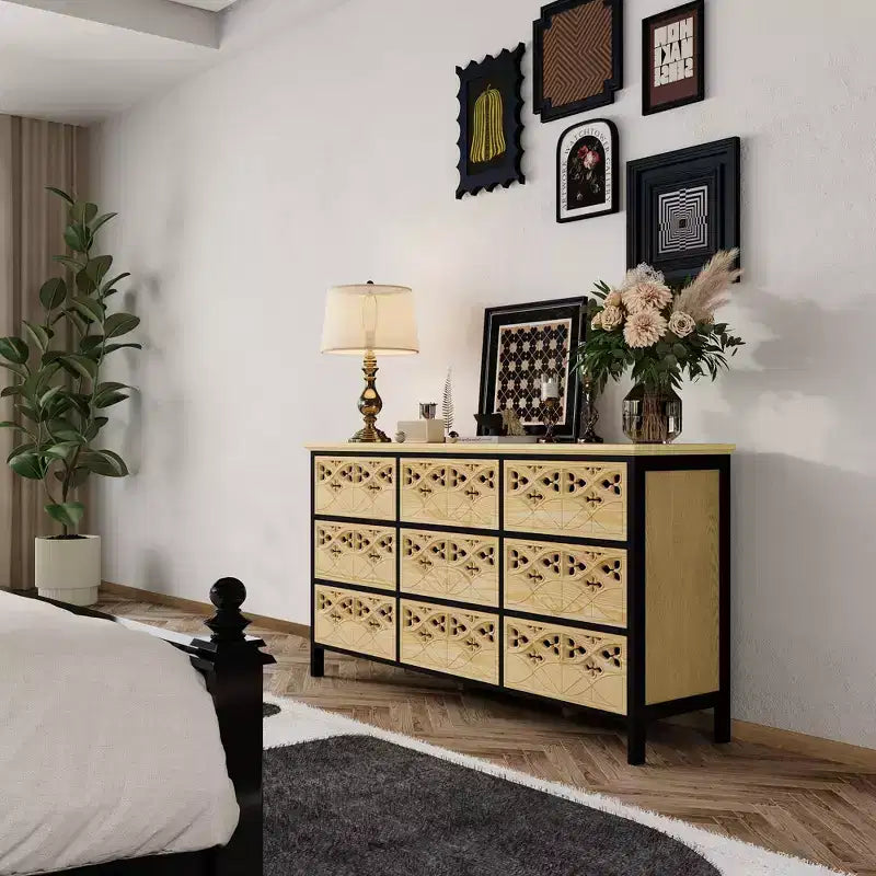 Commode à 9 tiroirs, coiffeuse avec relief creux, buffet polyvalent, armoire de cuisine, meuble d'art pour chambre/salle à manger/salon