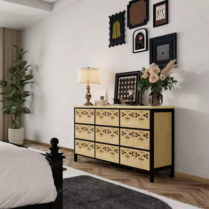 Commode à 9 tiroirs, coiffeuse avec relief creux, buffet polyvalent, armoire de cuisine, meuble d'art pour chambre/salle à manger/salon