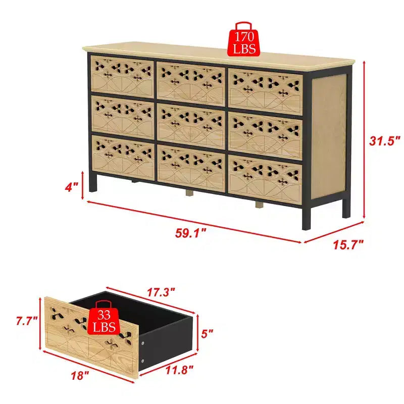 Commode à 9 tiroirs, coiffeuse avec relief creux, buffet polyvalent, armoire de cuisine, meuble d'art pour chambre/salle à manger/salon