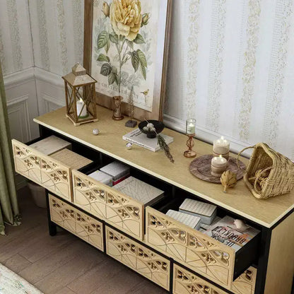 Commode à 9 tiroirs, coiffeuse avec relief creux, buffet polyvalent, armoire de cuisine, meuble d'art pour chambre/salle à manger/salon