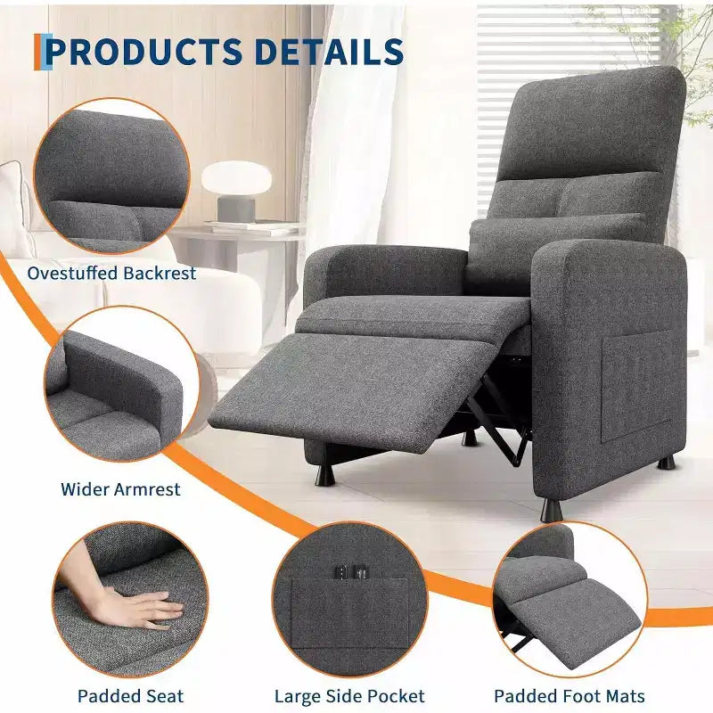 Fauteuil inclinable réglable ergonomique surdimensionné, Fauteuil de cinéma maison pour adultes avec poches latérales, Dossier haut, Siège rembourré, pour salon