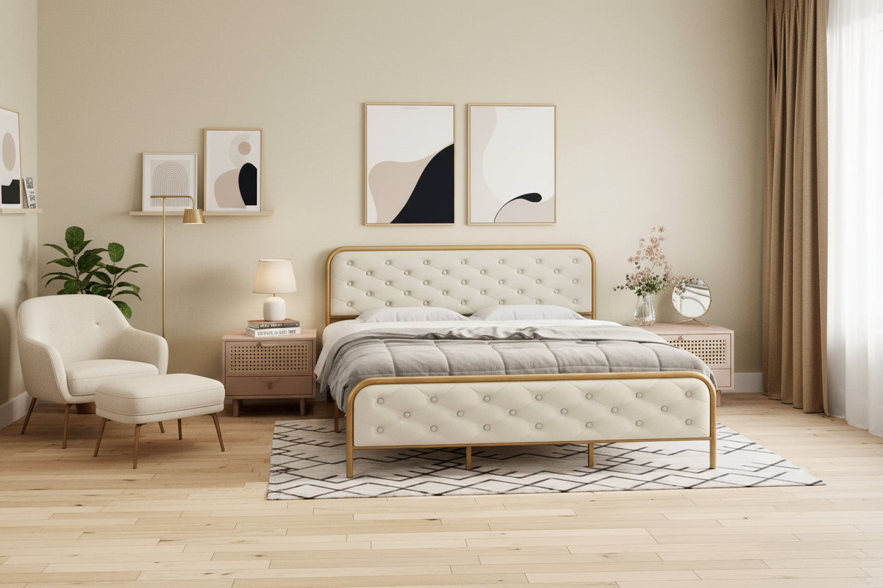 King Size Metal Bed Frame - Heavy Duty Platform Bed Frame with Storage, Steel Supports, No Box Spring Required, Easy Assembly, Noiseless, Gold White