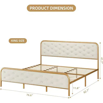 Cadre de lit King Size en métal - Cadre de lit plateforme robuste avec rangement, supports en acier, pas besoin de sommier, montage facile, silencieux, or blanc