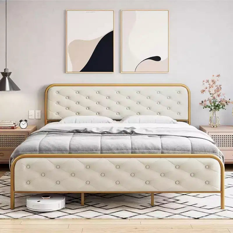 Cadre de lit King Size en métal - Cadre de lit plateforme robuste avec rangement, supports en acier, pas besoin de sommier, montage facile, silencieux, or blanc
