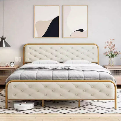 Cadre de lit King Size en métal - Cadre de lit plateforme robuste avec rangement, supports en acier, pas besoin de sommier, montage facile, silencieux, or blanc