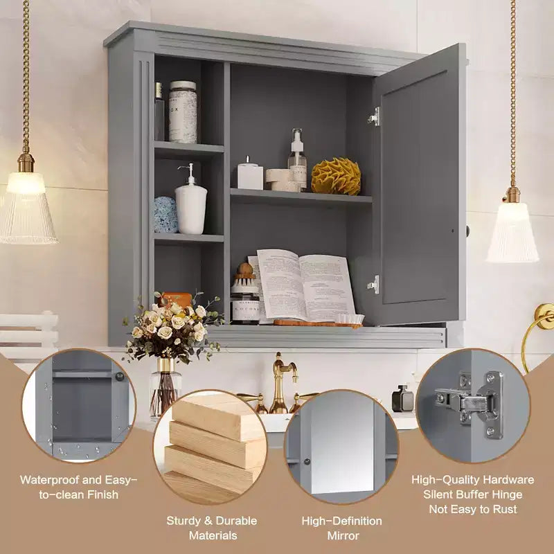 Armoire de salle de bain murale, Armoire à pharmacie, Armoire miroir murale avec 6 étagères ouvertes