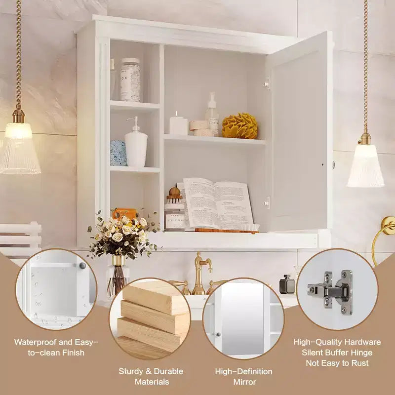 Armoire de salle de bain murale, Armoire à pharmacie, Armoire miroir murale avec 6 étagères ouvertes