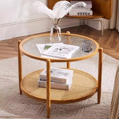 VINGLI 25.6 Rattan Coffee Table, Round Glass Coffee Table for Living Room,Natural Vibe