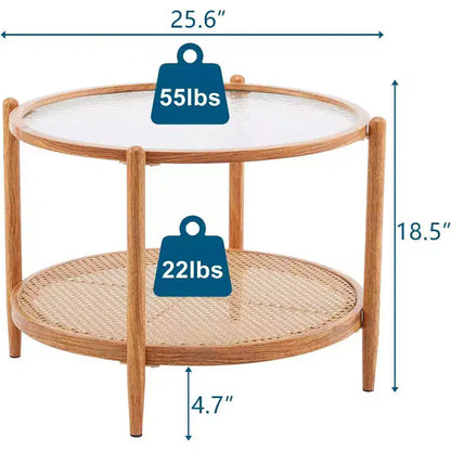 Table basse en rotin de 65 cm, Table basse ronde en verre pour salon, Ambiance naturelle