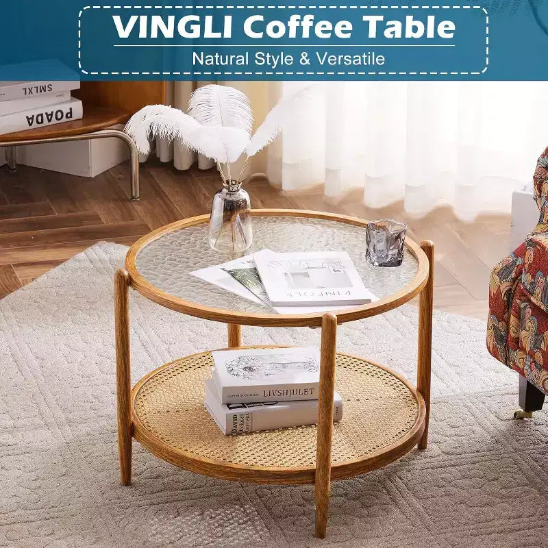 Table basse en rotin de 65 cm, Table basse ronde en verre pour salon, Ambiance naturelle
