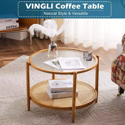 Table basse en rotin de 65 cm, Table basse ronde en verre pour salon, Ambiance naturelle