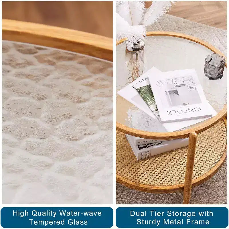 Table basse en rotin de 65 cm, Table basse ronde en verre pour salon, Ambiance naturelle
