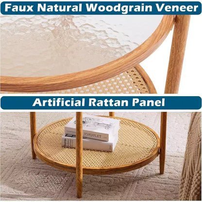 Table basse en rotin de 65 cm, Table basse ronde en verre pour salon, Ambiance naturelle