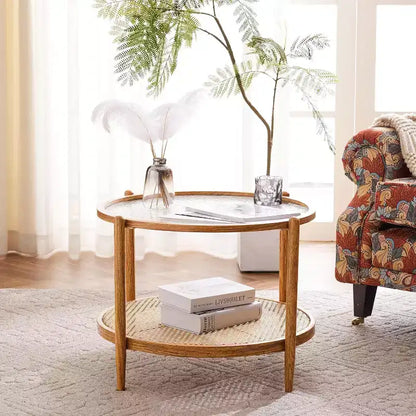 Table basse en rotin de 65 cm, Table basse ronde en verre pour salon, Ambiance naturelle
