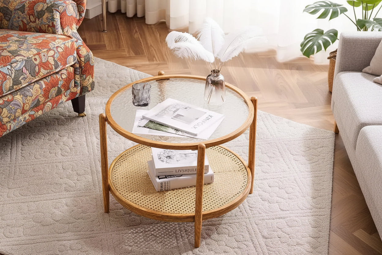 Table basse en rotin de 65 cm, Table basse ronde en verre pour salon, Ambiance naturelle