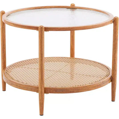 Table basse en rotin de 65 cm, Table basse ronde en verre pour salon, Ambiance naturelle