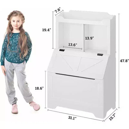 Grande bibliothèque pour enfants en bois à 3 niveaux et organisateur de rangement de jouets avec couvercle à charnière, design polyvalent pour salle de jeux, chambre d'enfant, crèche et maternelle