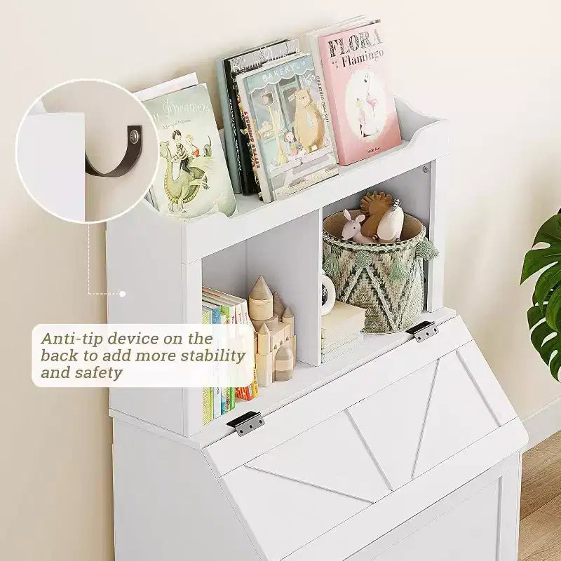 Grande bibliothèque pour enfants en bois à 3 niveaux et organisateur de rangement de jouets avec couvercle à charnière, design polyvalent pour salle de jeux, chambre d'enfant, crèche et maternelle